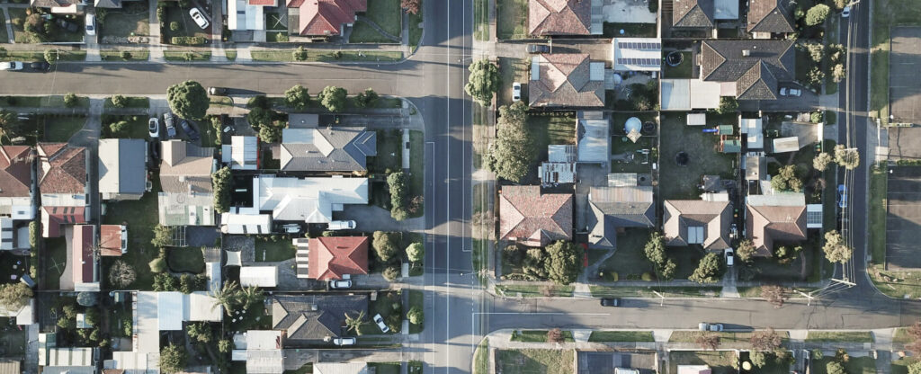 wide shot of overhead neighborhood